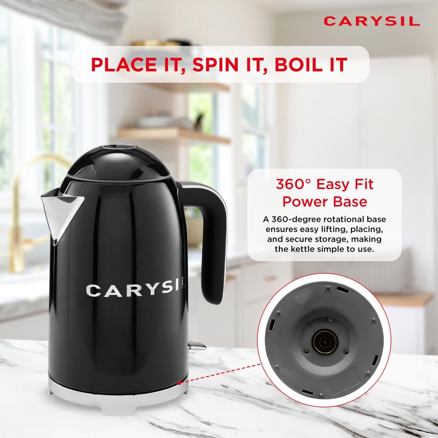 Carysil 1.7L Electric Kettle with Stainless Steel Inner Body, Auto Shut-Off, Dry Boil Protection, 360° Swivel Base, Keep Warm Function, 220V, Black Finish, 1-Year Warranty