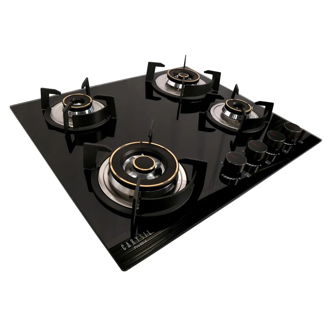Carysil Pro 60cm Built-in Glass Hob, 4 Brass Burner, Round Cast Iron Pan Support, Battery Ignition, Metal Knob, 8mm Black Tempered Glass, Stainless Steel