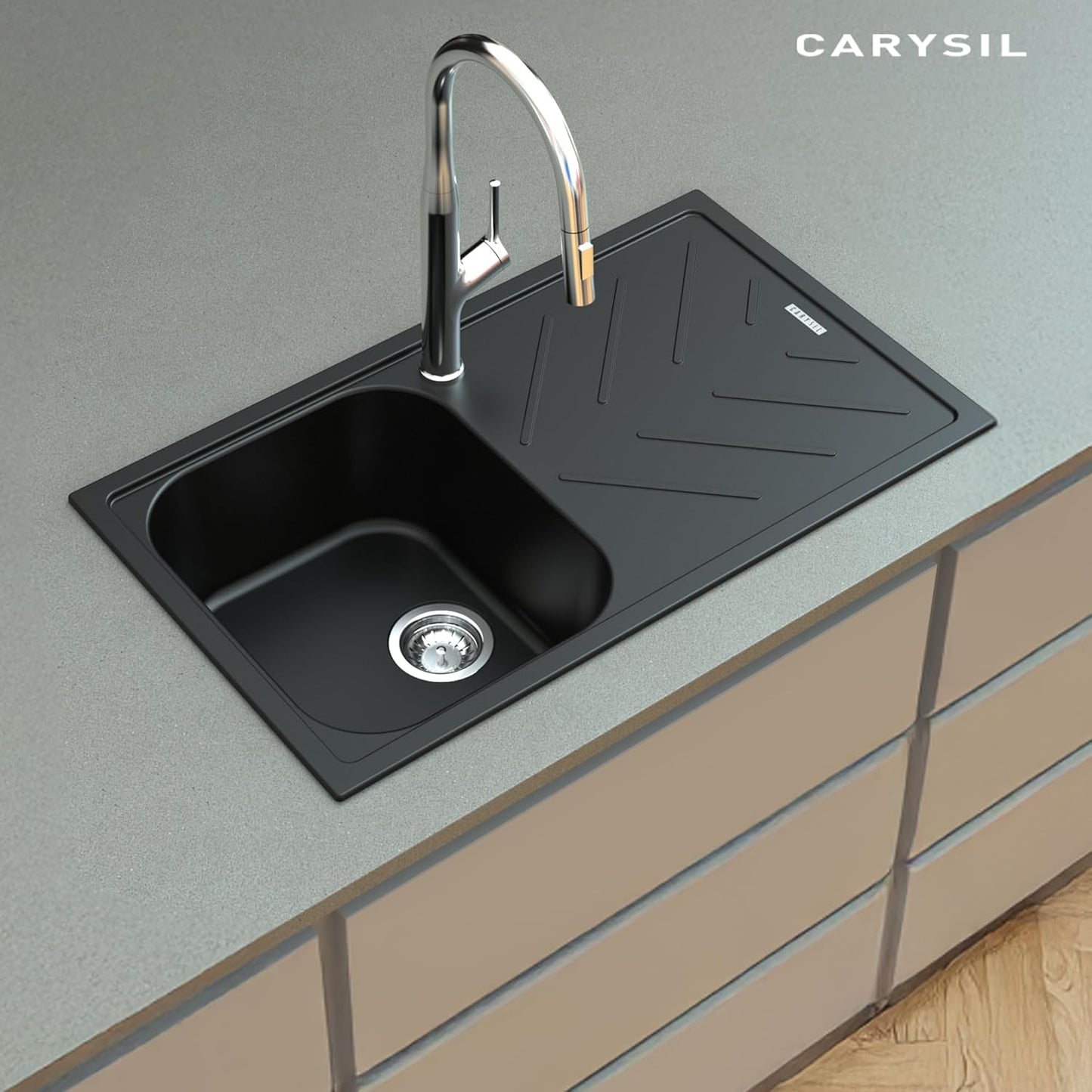Carysil Quartz New Beethoven D 100 Single Bowl Kitchen Sink with Drainboard, Real Stone Finish, 304 Stainless Steel Coupling, Kitchen Sink with Sloping Drain, Noise Reduction Design, 34x20x8 inches, Pearl Black