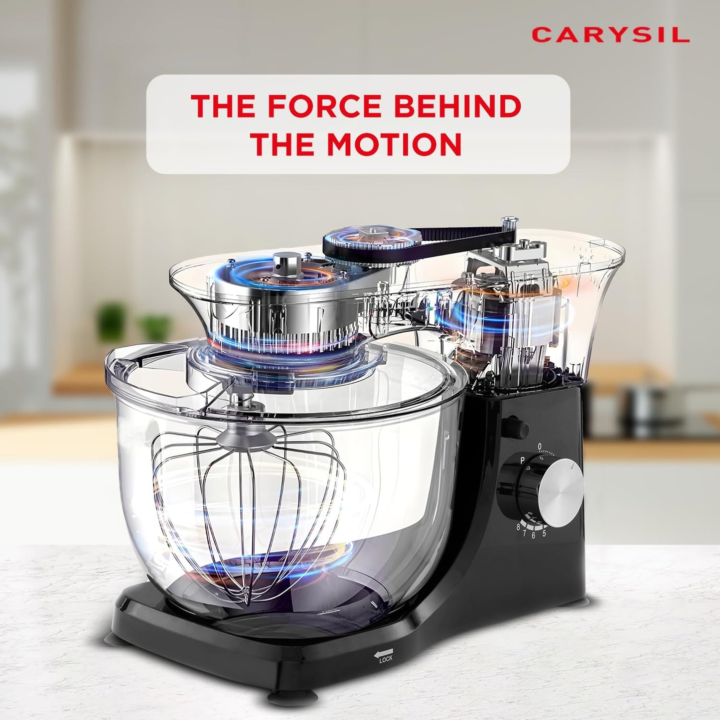 Carysil Stand Mixer, 6 Speed Settings with Pulse, Die-Cast Dough Hook & Whisk, 4.5L Removable Bowl, 220V DC Motor, Pizza Dough & Cake Mixer, Food Processor for Kitchen Use, Premium Black Finish