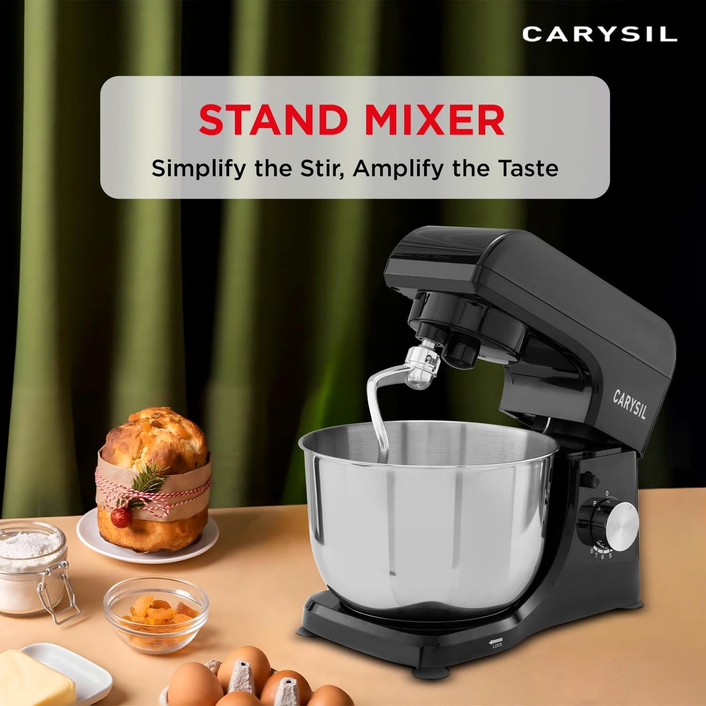 Carysil Stand Mixer, 6 Speed Settings with Pulse, Die-Cast Dough Hook & Whisk, 4.5L Removable Bowl, 220V DC Motor, Pizza Dough & Cake Mixer, Food Processor for Kitchen Use, Premium Black Finish