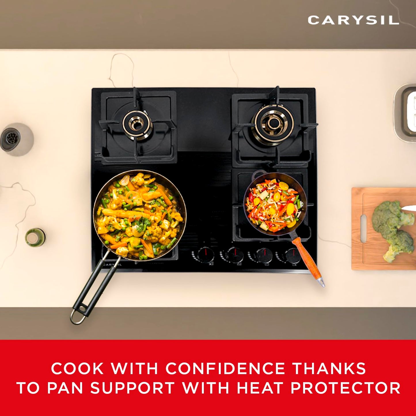 Carysil Tek Plus 60cm Built-in Hob, 4 Brass Burner, Square Cast Iron Pan Support, Flame Failure Device, Battery Ignition, Designer Metal Knob, 8mm Black Tempered Glass, Stainless Steel