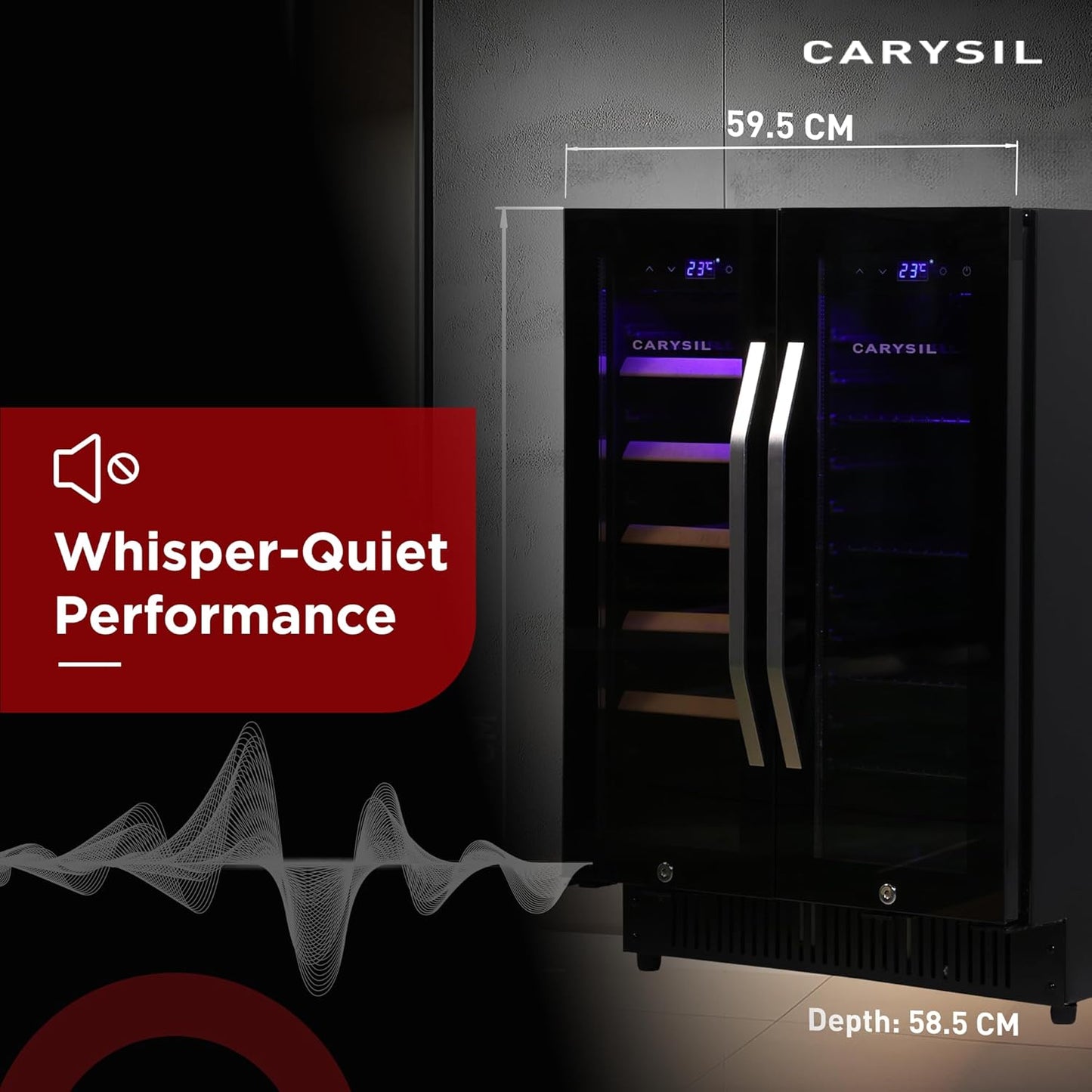 Carysil 54-Bottle Wine Chiller & Soft Drink Cooler, Capacity of 20 Wine Bottles & 75 Cans, Free Standing, Dual Cooling Zone (3°C-12°C White Wine & 12°C-20°C Red Wine), Adjustable Wooden Shelves with Toughened Glass Door, LED Display, Ideal for Home