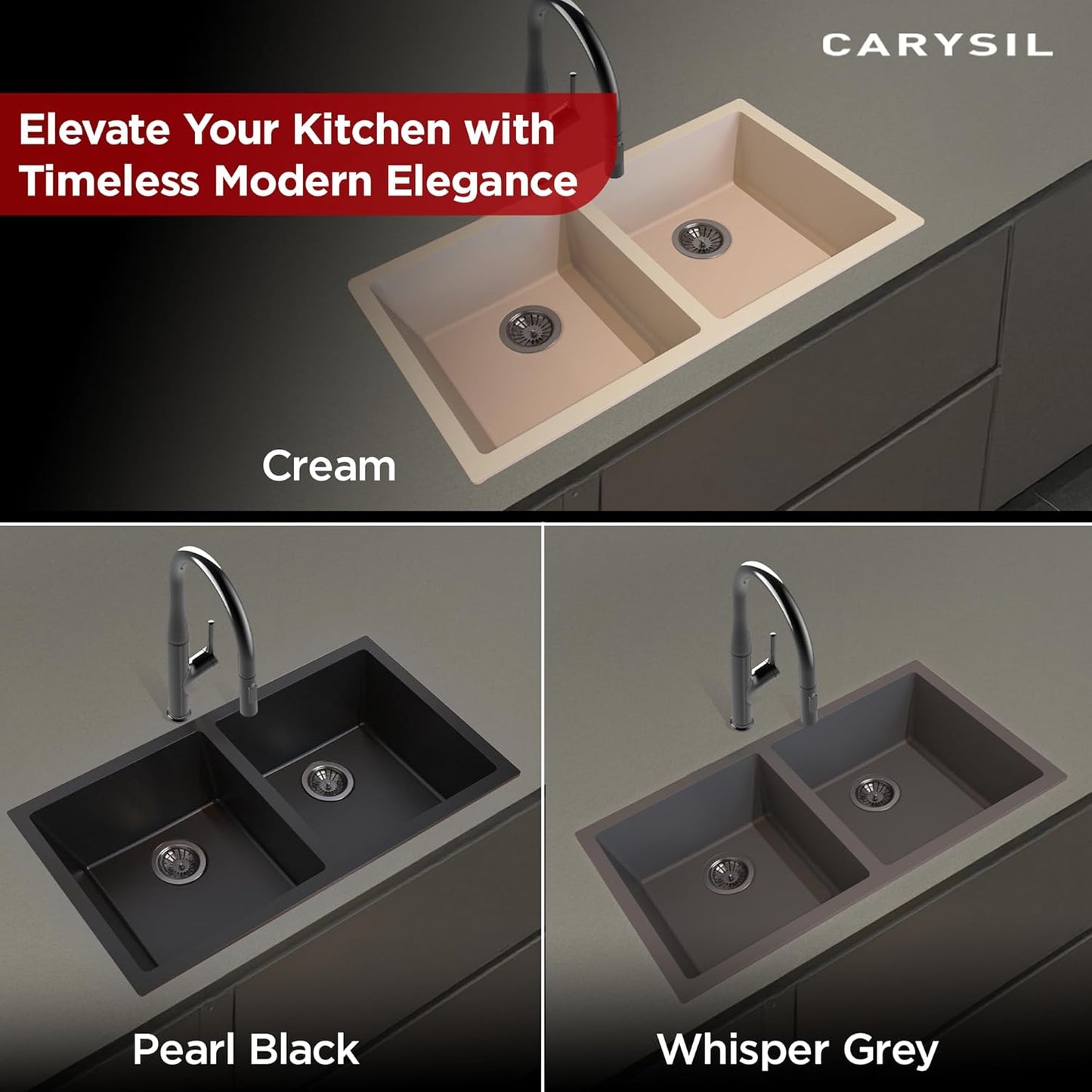 Carysil Quartz Dolce UK Series Double Bowl Kitchen Sink, Real Stone Finish, 304 Stainless Steel Coupling, Kitchen Sink with Sloping Drain, Noise Reduction Design, 34x18x8 inches, Whisper Grey