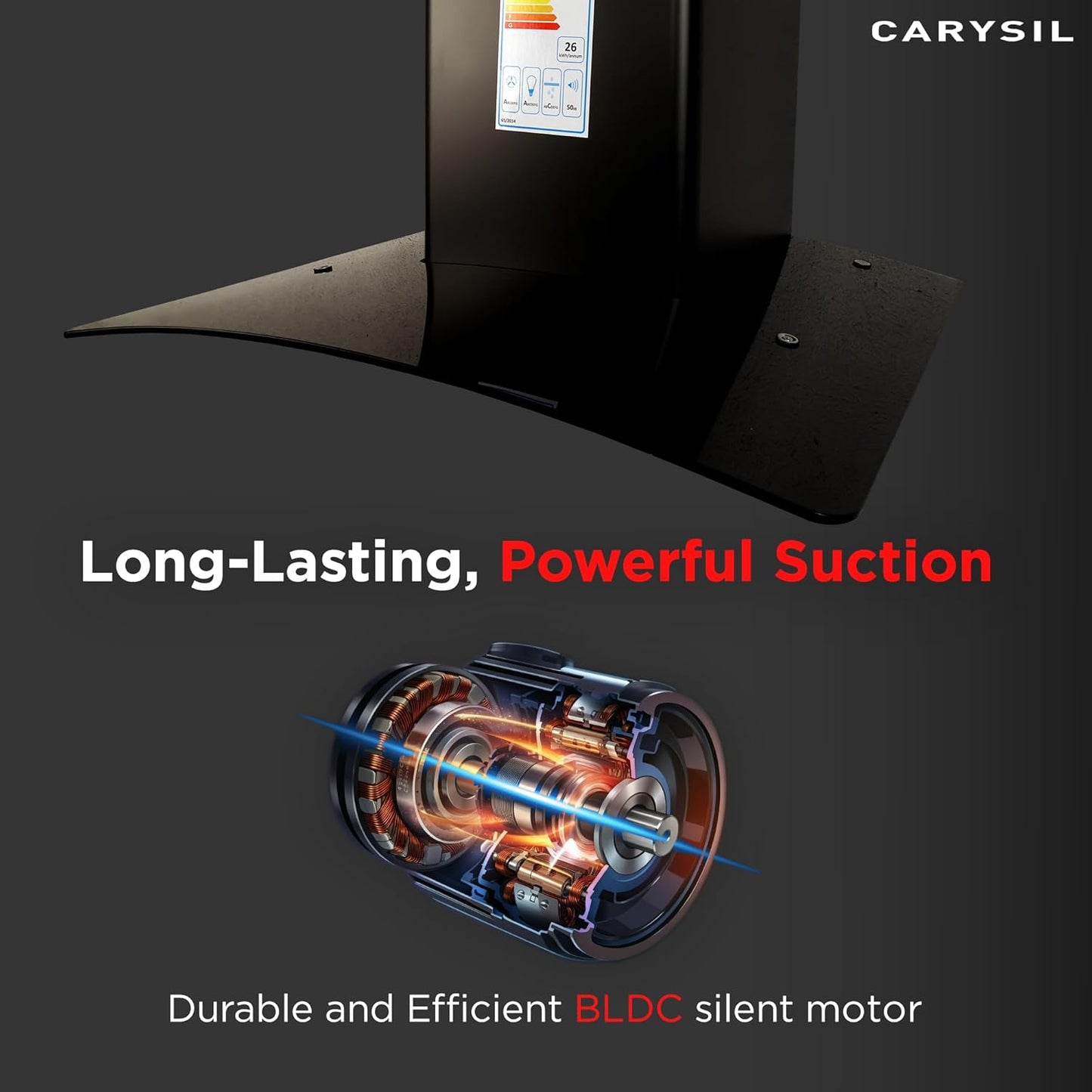 Carysil Rome 75 cm Kitchen Chimney, Curved Shape, 1100 m³/hr Suction Capacity, Filterless, BLDC Silent Motor, A-Energy Class, 3-Speed Touch Control, LED Lamp, 12-year Motor Warranty