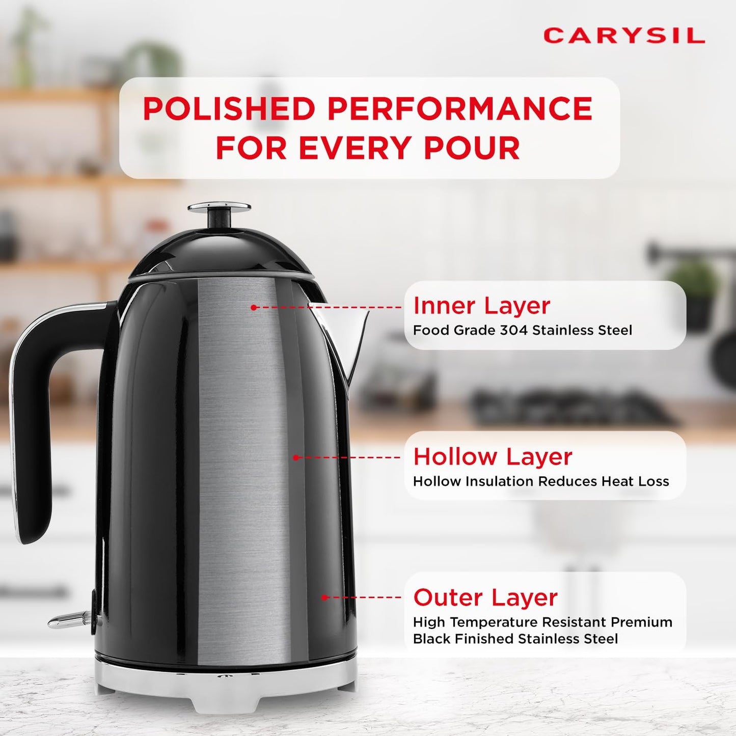 Carysil 1.7L Electric Kettle with Stainless Steel Inner Body, Auto Shut-Off, Dry Boil Protection, 360° Swivel Base, Keep Warm Function, 220V, Black Finish, 1-Year Warranty