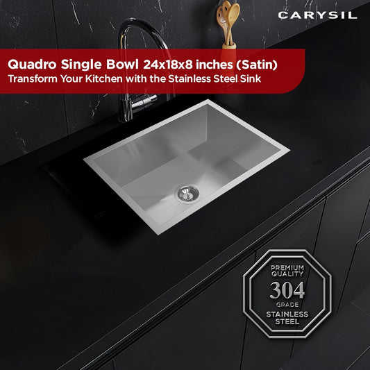 Carysil Quadro Series Zero Radius Single Bowl Kitchen Sink, Stainless Steel Kitchen Sink, 304 Coupling, Noise Reduction Design, Deep Bowl with Sloping Drain, 24x18x8 inches, Satin Finish