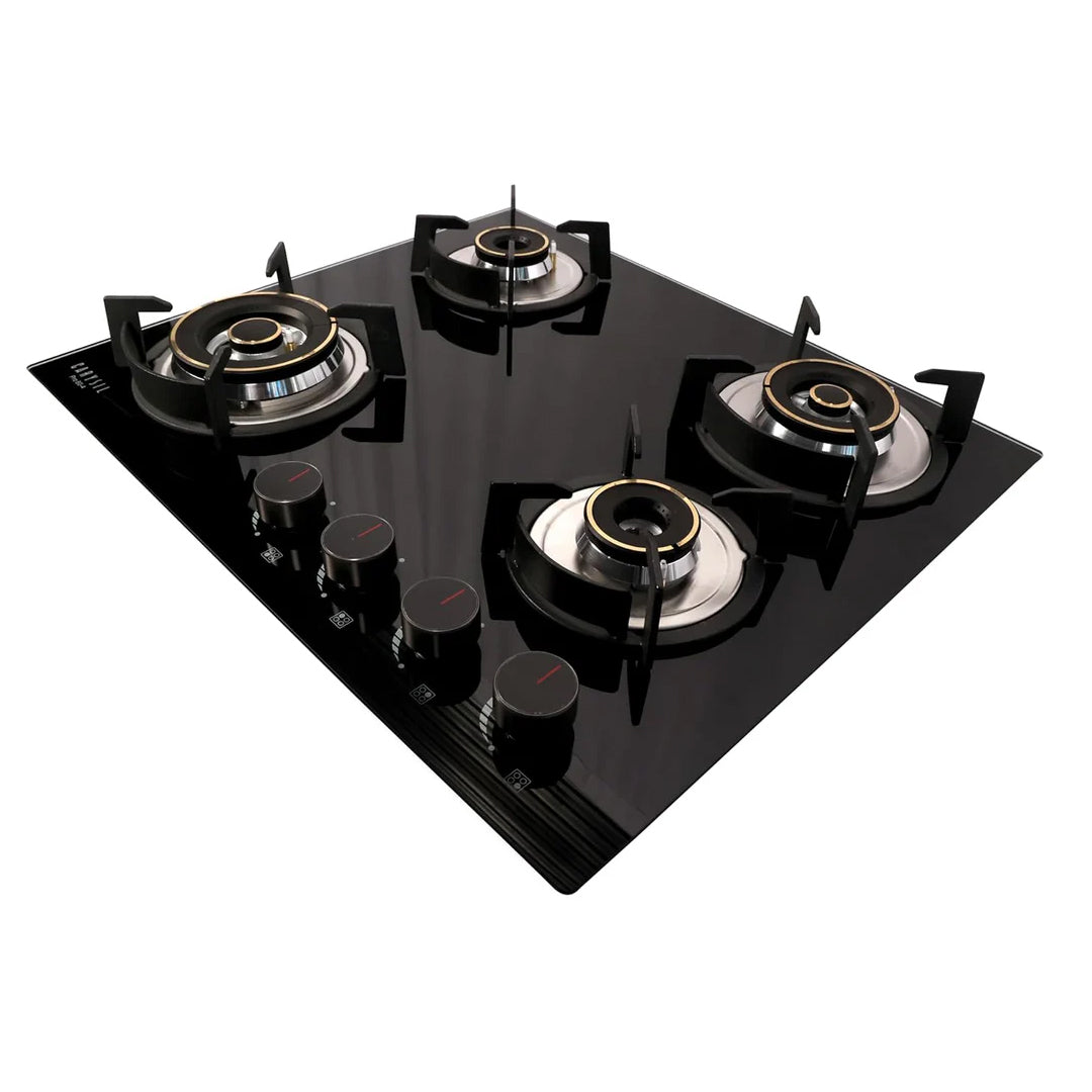 Carysil Pro 60cm Built-in Glass Hob, 4 Brass Burner, Round Cast Iron Pan Support, Battery Ignition, Metal Knob, 8mm Black Tempered Glass, Stainless Steel