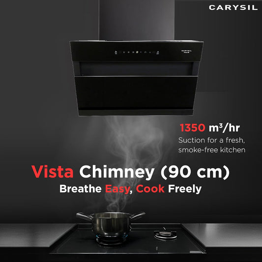 Carysil Vista 90 cm Kitchen Chimney, Vertical Slant, 1350 m³/hr Suction Capacity, Filterless, 3-Speed Motion Sensor, Heat Auto Clean, Oil Collector, LED Lamp, 7-year Motor Warranty