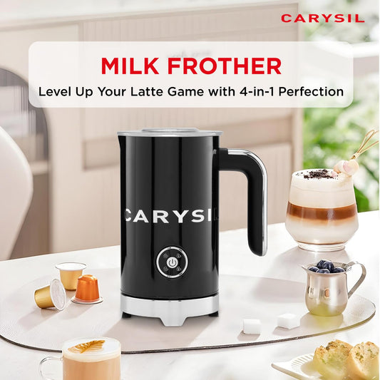 Carysil Milk Frother 4-in-1, Hot & Cold Foam Function for Latte, Cappuccino, Iced Drinks, Hot Chocolate, Quick & Quiet Frothing, 220V, Stainless Steel, Premium Black Finish, 1 Year Warranty