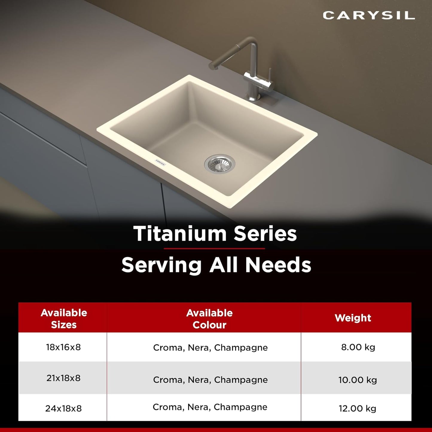 Carysil Quartz Titanium Max Plus Series Single Bowl Kitchen Sink, Real Stone Finish, 304 Stainless Steel Coupling, Kitchen Sink with Sloping Drain, Noise Reduction Design, 24x18x8 inches, Champagne