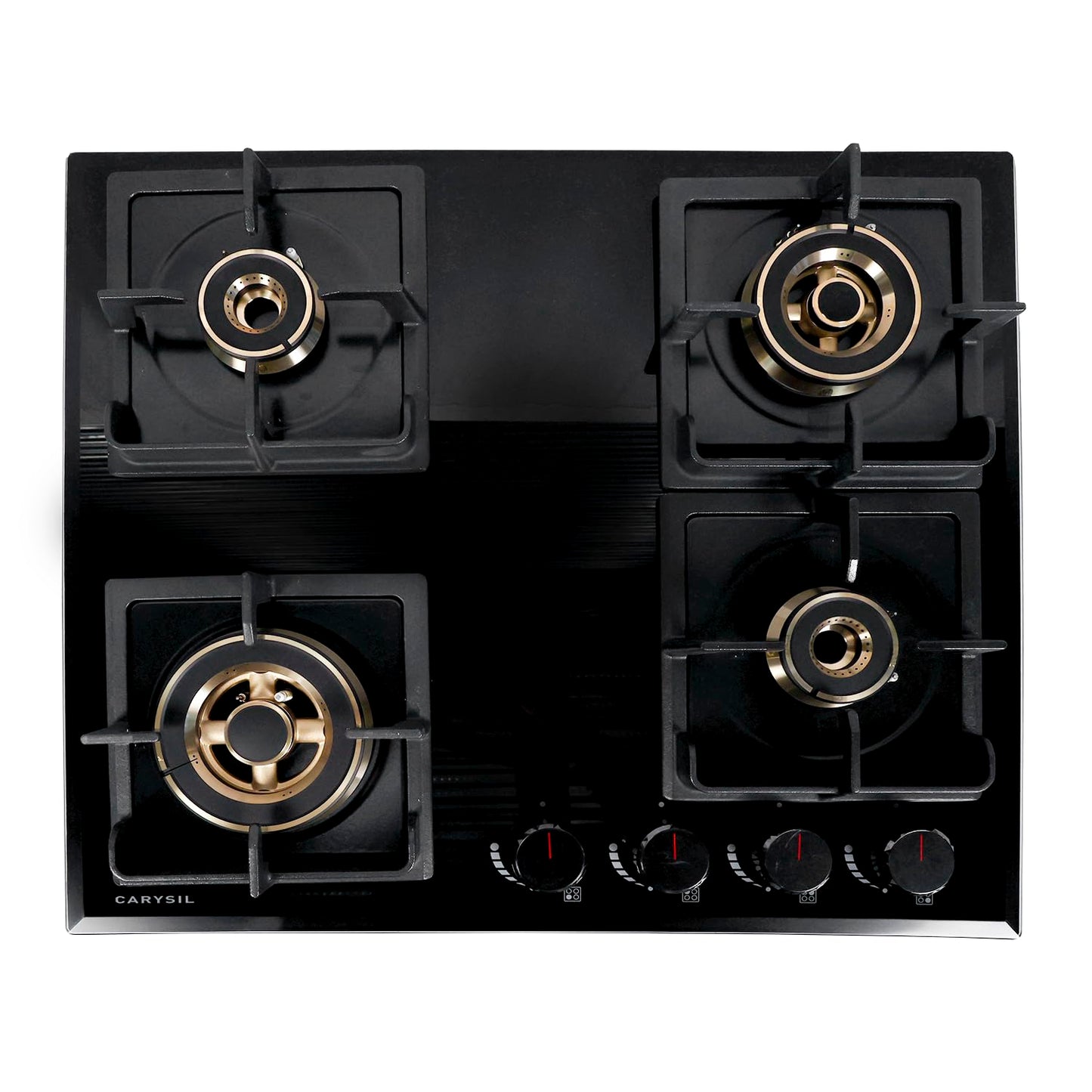 Carysil Tek Plus 60cm Built-in Hob, 4 Brass Burner, Square Cast Iron Pan Support, Flame Failure Device, Battery Ignition, Designer Metal Knob, 8mm Black Tempered Glass, Stainless Steel