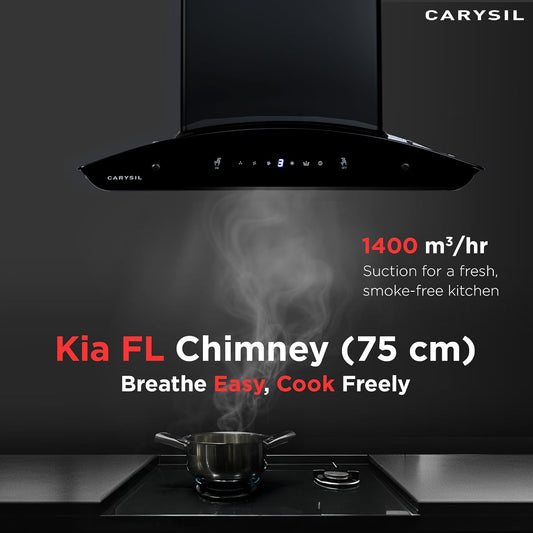 Carysil Kia FL 75 cm Kitchen Chimney, Curved Shape, 1400 m³/hr Suction Capacity, Filterless, Heat Auto Clean, 3-Speed Motion Sensor, Oil Collector, LED Lamp, 7-year Motor Warranty