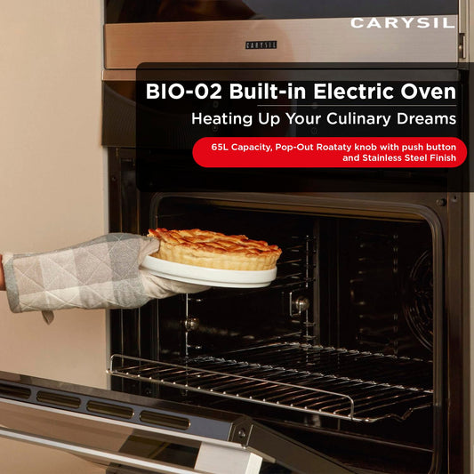 Carysil Built-in Electric Oven BIO-02, 65L Capacity, 9 Cooking Function, Pop-out Rotary Knobs & Push-Buttons, Triple Insulated Glass Door, Grill, Bake & Roast, Child Lock, Stainless Steel Finish