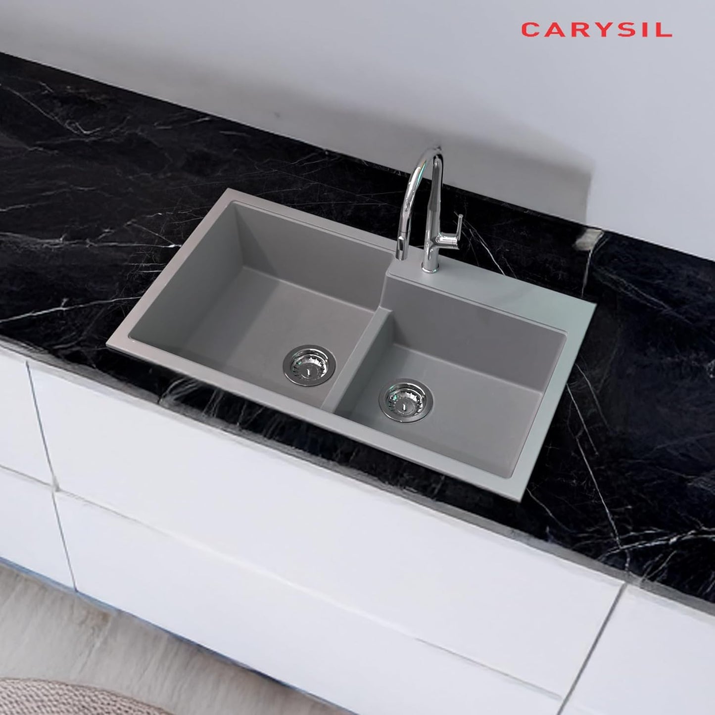 Carysil Quartz Tip Toe N 200 Double Bowl Kitchen Sink, Real Stone Finish, 304 Stainless Steel Coupling, Kitchen Sink with Sloping Drain, Noise Reduction Design, 34x20x8 inches, Basalt Grey