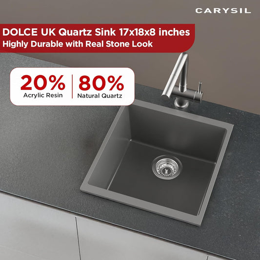 Carysil Quartz Dolce UK Series Single Bowl Kitchen Sink, Real Stone Finish, 304 Stainless Steel Coupling, Kitchen Sink with Sloping Drain, Noise Reduction Design, 17x18x8 inches, Whisper Grey