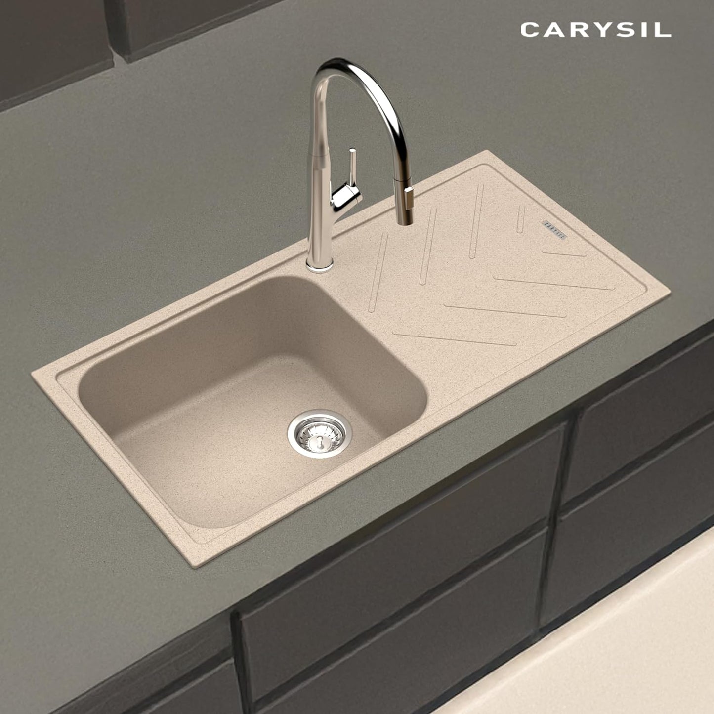 Carysil Quartz New Beethoven D 100L Kitchen Sink with Drainboard, Real Stone Finish, 304 Stainless Steel Coupling, Kitchen Sink with Sloping Drain, Noise Reduction Design, 40x20x8 inches, Sand