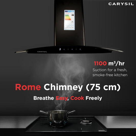 Carysil Rome 75 cm Kitchen Chimney, Curved Shape, 1100 m³/hr Suction Capacity, Baffle Filter, BLDC Silent Motor, A-Energy Class, 3-Speed Touch Control, LED Lamp, 12-year Motor Warranty