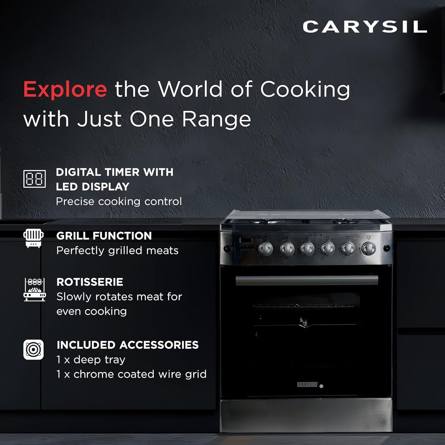 Carysil Free-Standing Cooking Range FSCR-01, 62L Gas Oven, 4 High-Power Italian SABAF Burners, Cast Iron Support, Digital Timer, Cooking, Baking, Grilling & Roasting, Stainless Steel Body, Silver