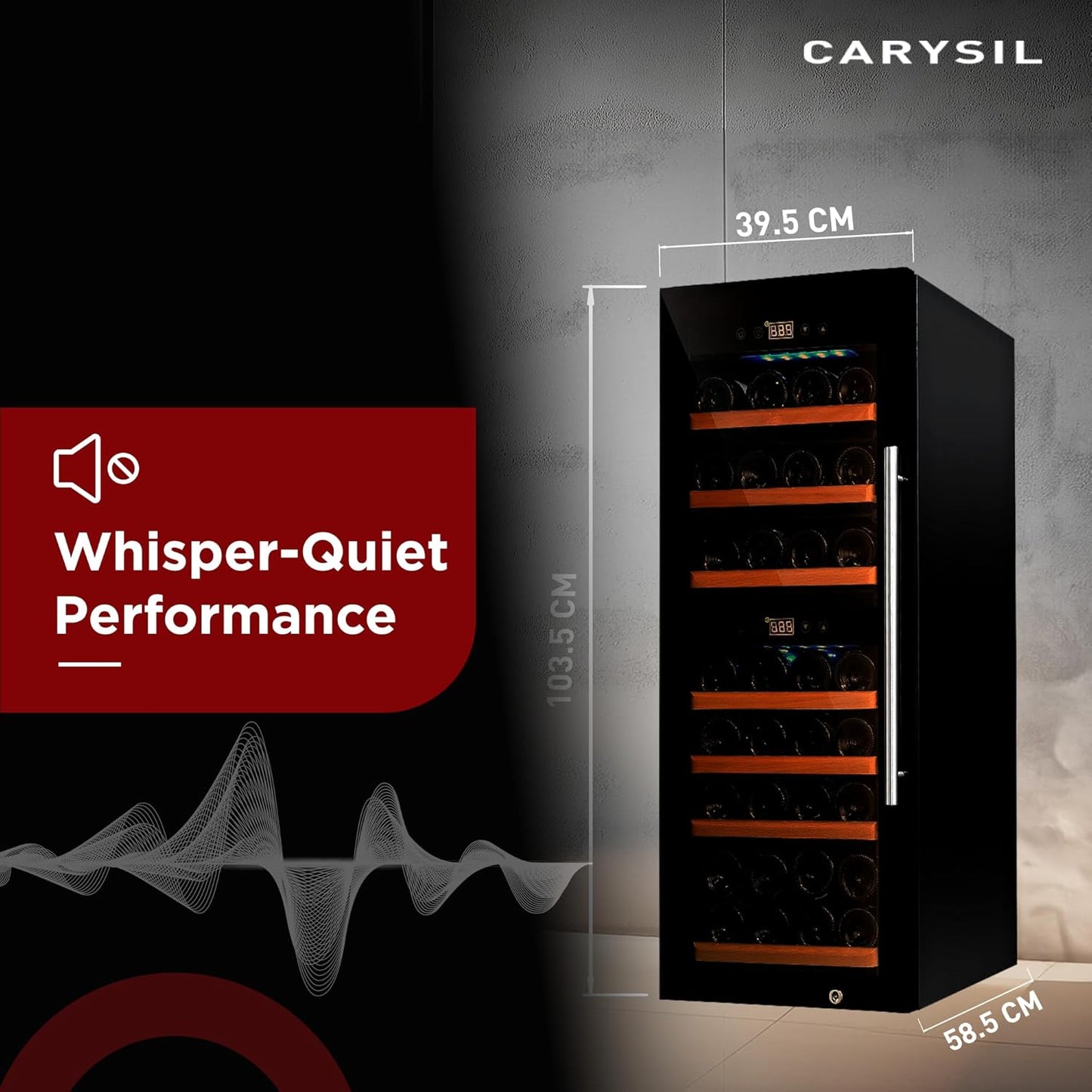 Carysil 38-Bottle Wine Chiller, Free Standing, Dual Cooling Zone (3°C-12°C White Wine & 12°C-20°C Red Wine), Adjustable Wooden Shelves with Toughened Glass Door, LED Display, Ideal for Home