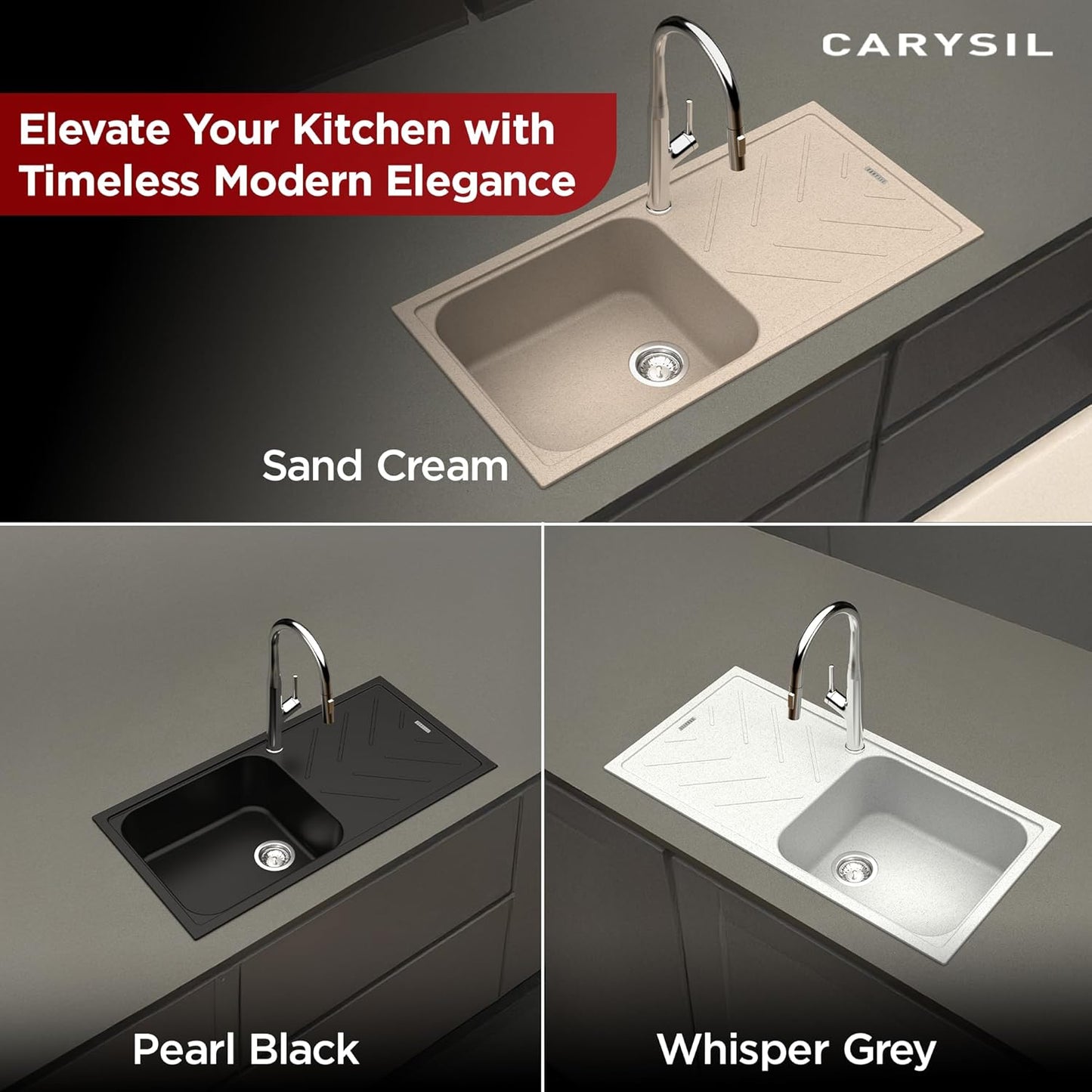Carysil Quartz New Beethoven D 100L Kitchen Sink with Drainboard, Real Stone Finish, 304 Stainless Steel Coupling, Kitchen Sink with Sloping Drain, Noise Reduction Design, 40x20x8 inches, Sand