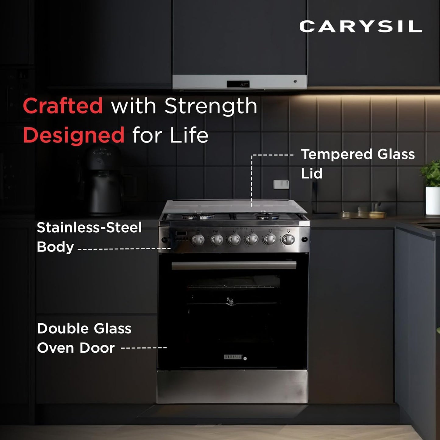 Carysil Free-Standing Cooking Range FSCR-01, 62L Gas Oven, 4 High-Power Italian SABAF Burners, Cast Iron Support, Digital Timer, Cooking, Baking, Grilling & Roasting, Stainless Steel Body, Silver