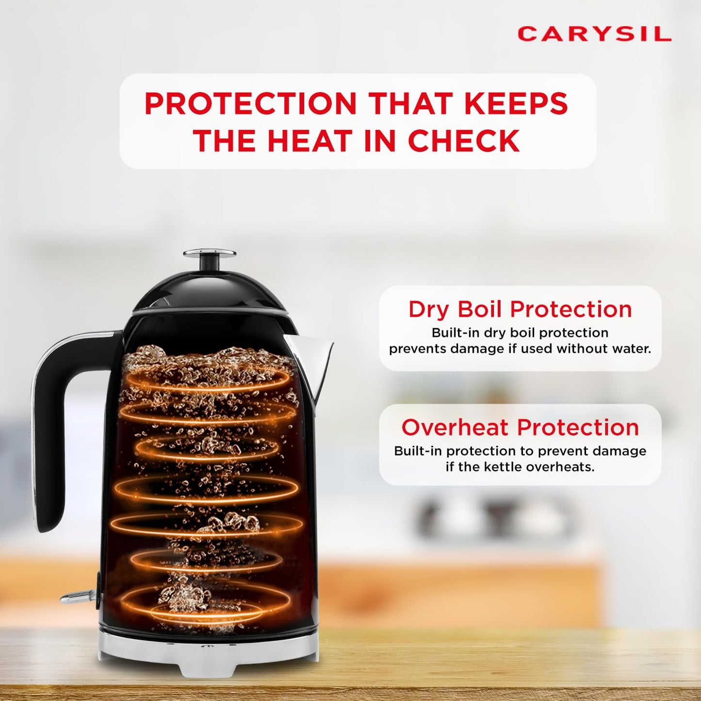 Carysil 1.7L Electric Kettle with Stainless Steel Inner Body, Auto Shut-Off, Dry Boil Protection, 360° Swivel Base, Keep Warm Function, 220V, Black Finish, 1-Year Warranty