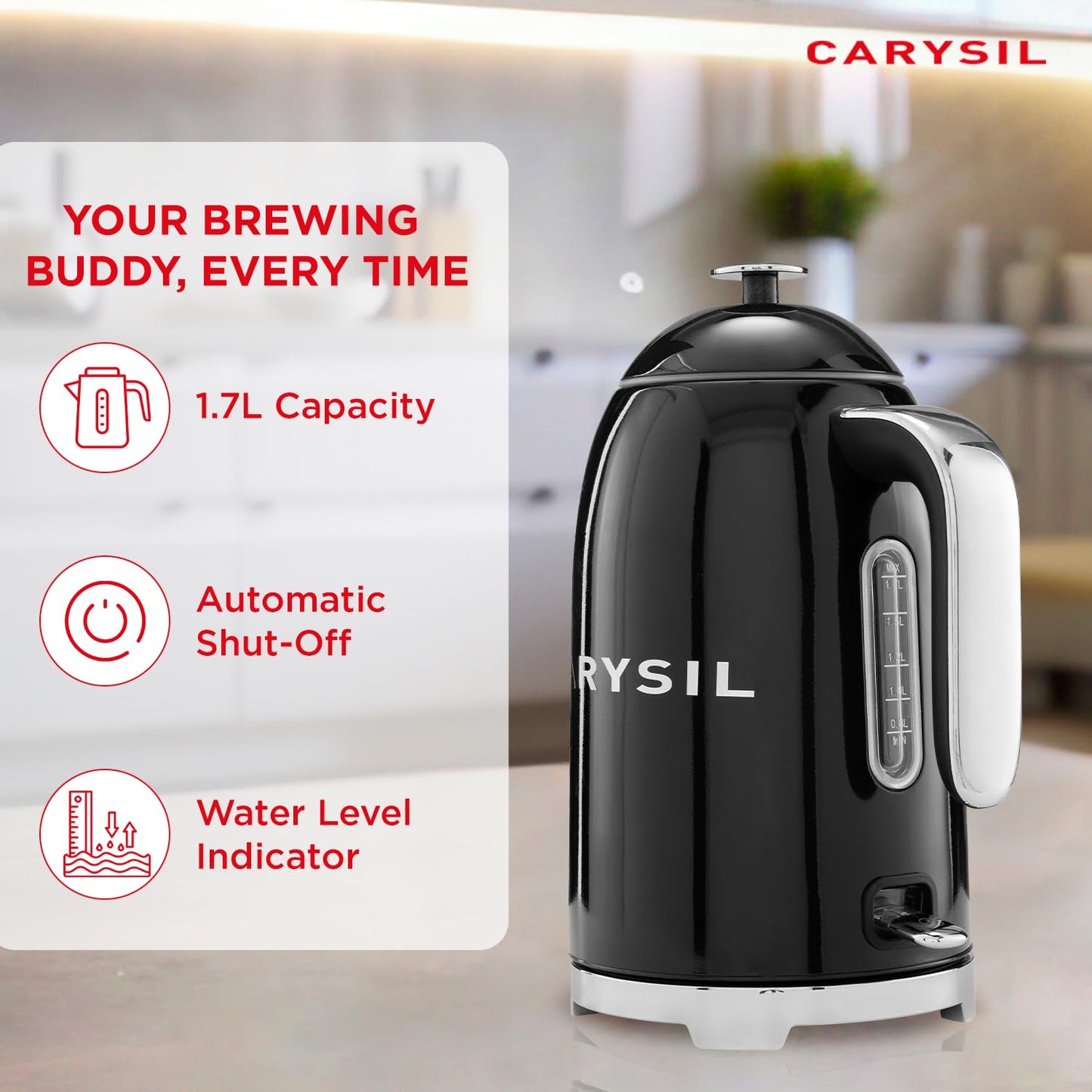 Carysil 1.7L Electric Kettle with Stainless Steel Inner Body, Auto Shut-Off, Dry Boil Protection, 360° Swivel Base, Keep Warm Function, 220V, Black Finish, 1-Year Warranty