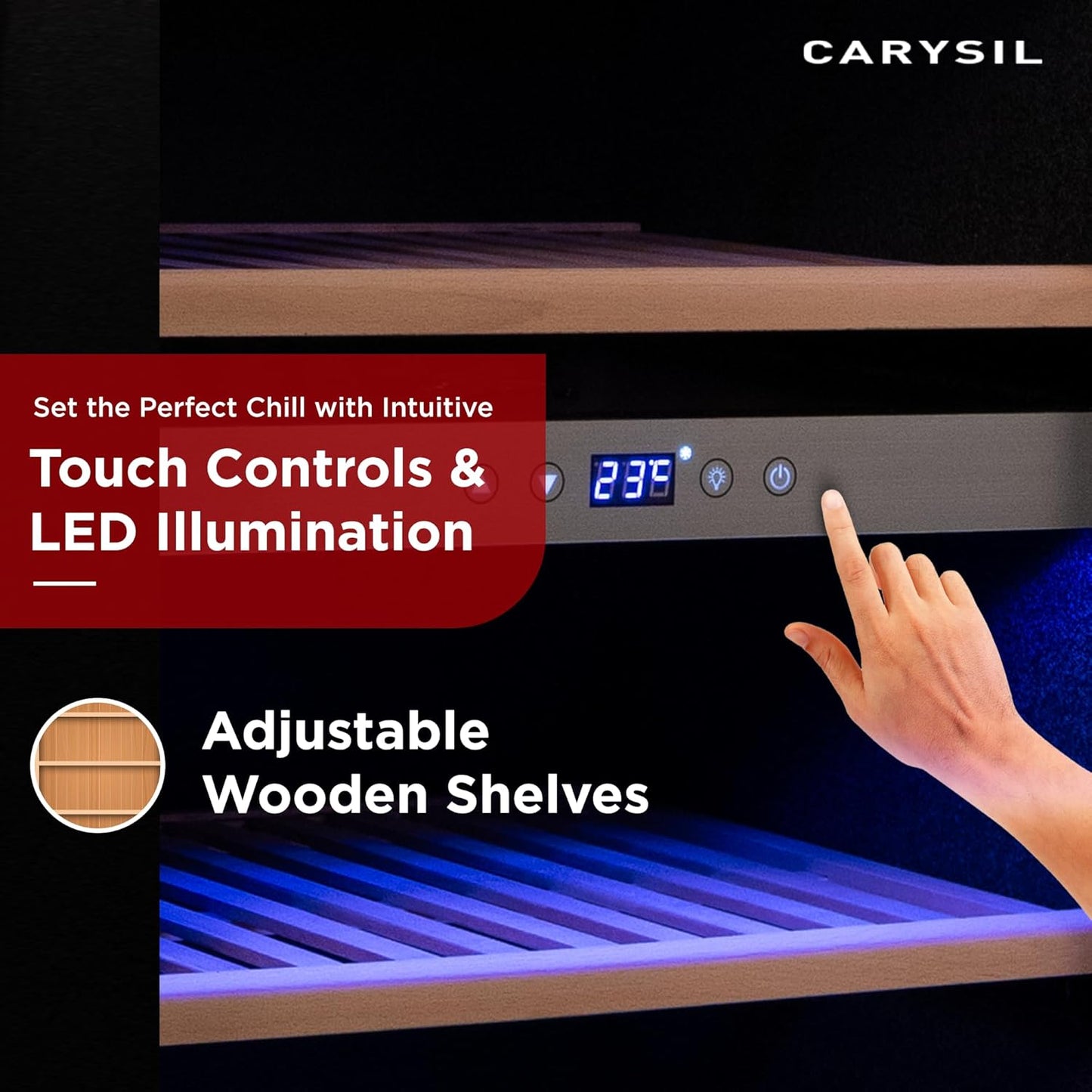 Carysil 38-Bottle Wine Chiller, Free Standing, Dual Cooling Zone (3°C-12°C White Wine & 12°C-20°C Red Wine), Adjustable Wooden Shelves with Toughened Glass Door, LED Display, Ideal for Home