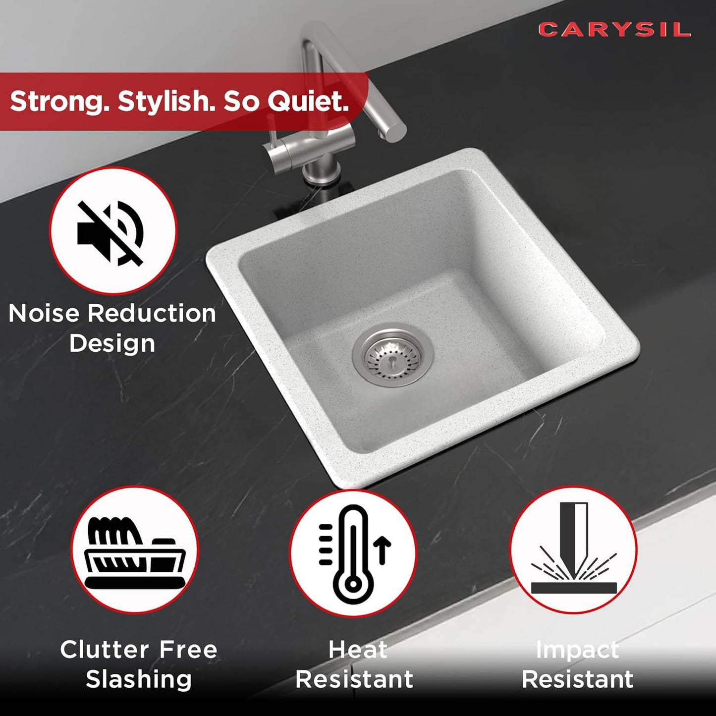 Carysil Quartz Neo Salsa Single Bowl Kitchen Sink, Real Stone Finish, 304 Stainless Steel Coupling, Kitchen Sink with Sloping Drain, Noise Reduction Design, 17x17x8 inches, Arena