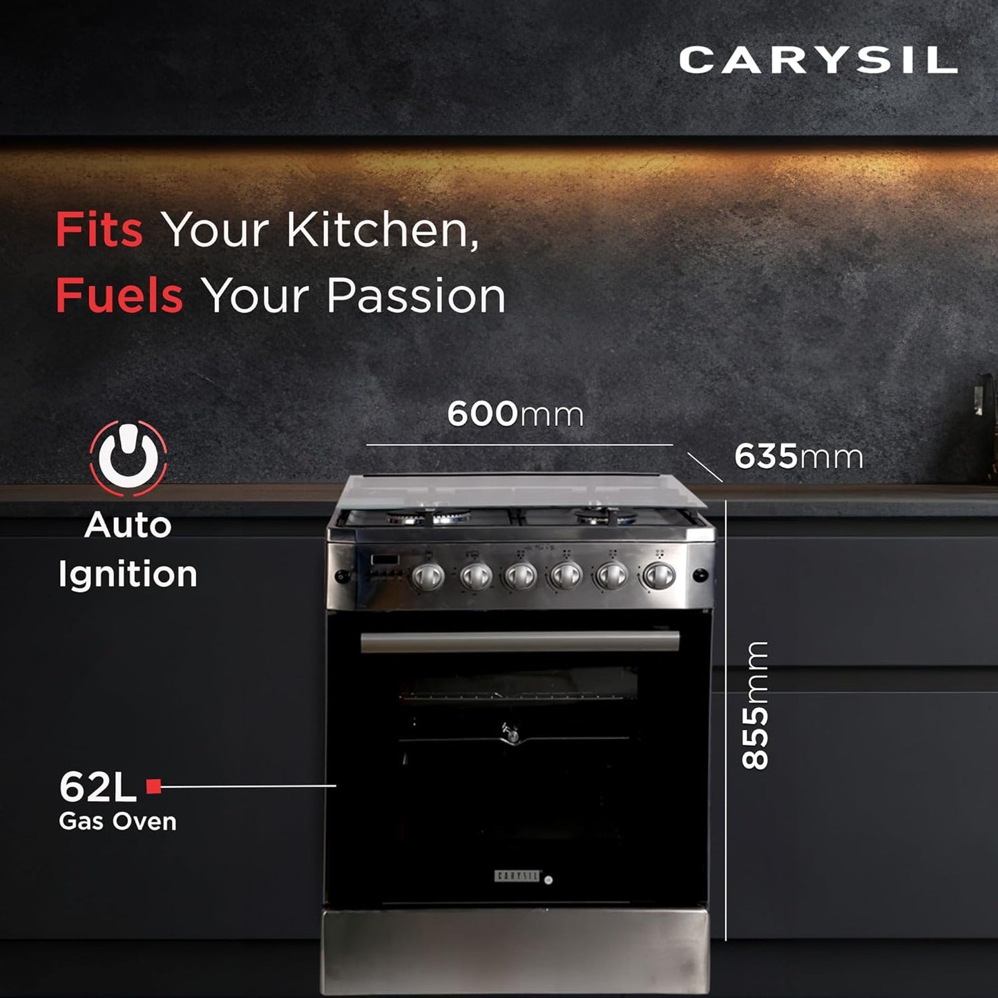 Carysil Free-Standing Cooking Range FSCR-01, 62L Gas Oven, 4 High-Power Italian SABAF Burners, Cast Iron Support, Digital Timer, Cooking, Baking, Grilling & Roasting, Stainless Steel Body, Silver
