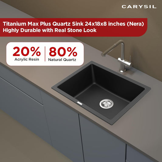 Carysil Quartz Titanium Max Plus Series Single Bowl Kitchen Sink, Real Stone Finish, 304 Stainless Steel Coupling, Kitchen Sink with Sloping Drain, Noise Reduction Design, 24x18x8 inches, Nera