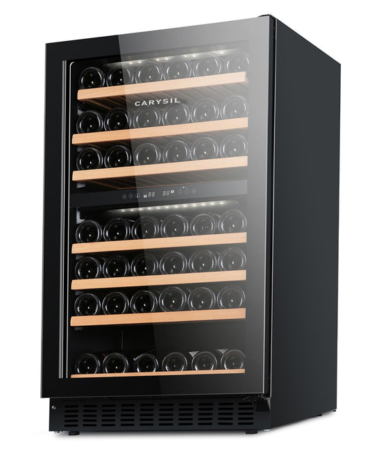 Carysil 77-Bottle Wine Chiller, Free Standing, Dual Cooling Zone (5°C-12°C White Wine & 12°C-20°C Red Wine), Adjustable Wooden Shelves with Toughened Glass Door, LED Display, Ideal for Home