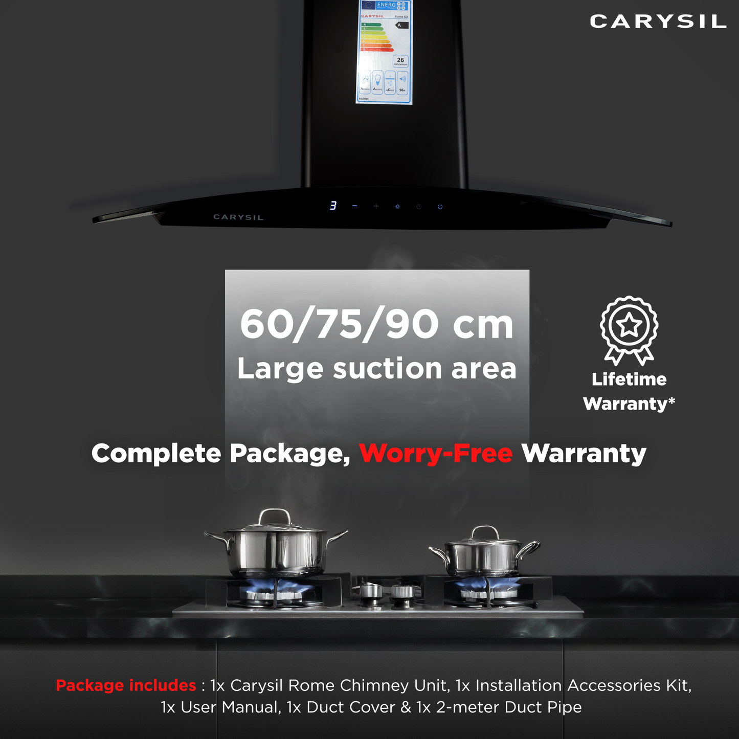 Carysil Rome 75 cm Kitchen Chimney, Curved Shape, 1100 m³/hr Suction Capacity, Filterless, BLDC Silent Motor, A-Energy Class, 3-Speed Touch Control, LED Lamp, 12-year Motor Warranty