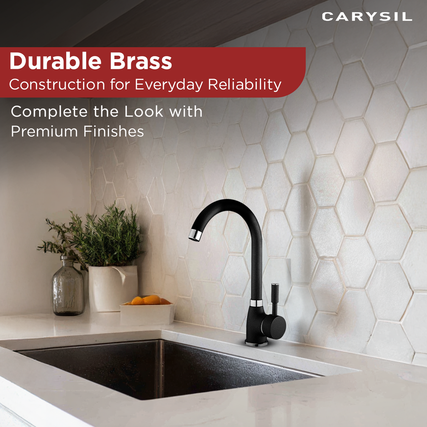 Carysil Alpha 1504 Modern Kitchen Faucet, High Arc with 360-Degree Swivel, Single-Lever Handle for Hot/Cold Water, Nera, 5-Year Warranty
