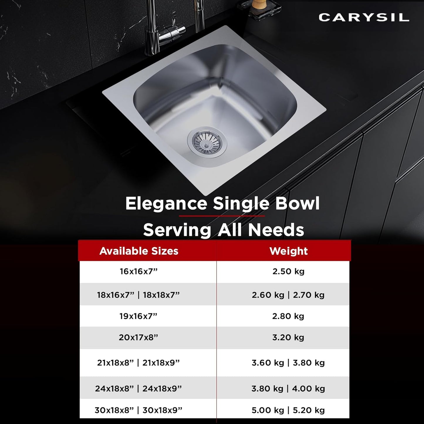 Carysil Elegance Series Single Bowl Kitchen Sink, Stainless Steel Kitchen Sink, 304 Stainless Steel Coupling, Noise Reduction Design, Deep Bowl with Sloping Drain, 18x16x7 inches, Glossy Finish