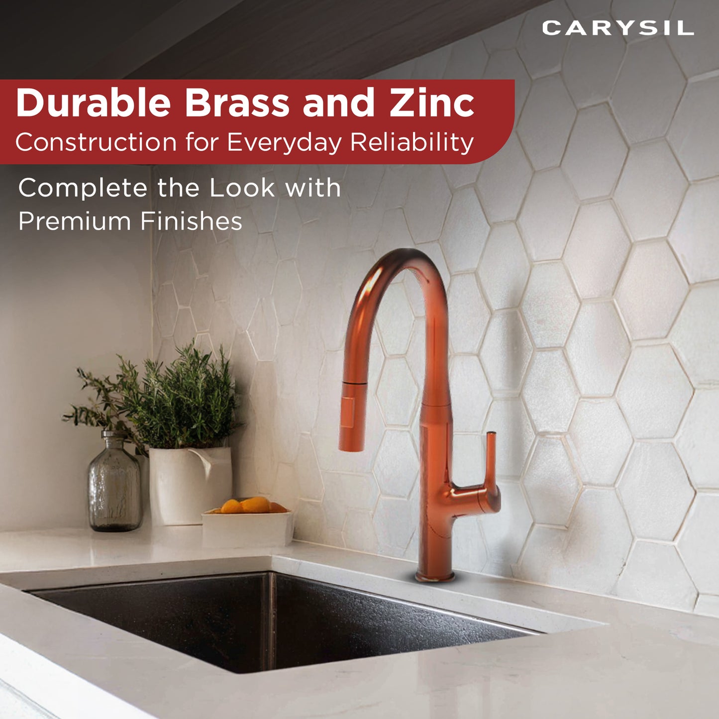 Carysil Alpha 1512 Modern Kitchen Faucet with Pull-Out Spray, High Arc with 360-Degree Swivel, Single-Lever Handle for Hot/Cold Water, Rose Gold Finish, 5-Year Warranty