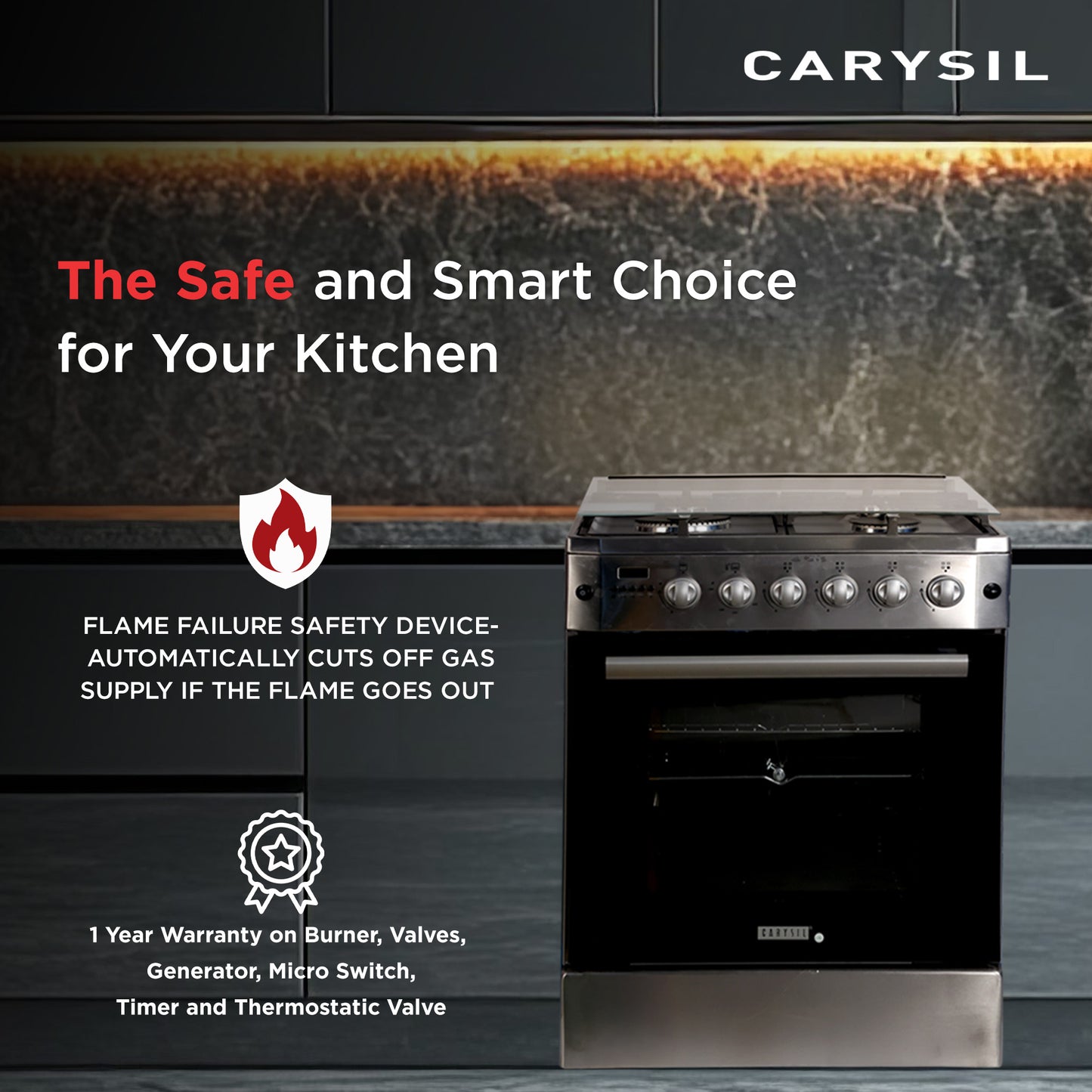 Carysil Free-Standing Cooking Range FSCR-01, 62L Gas Oven, 4 High-Power Italian SABAF Burners, Cast Iron Support, Digital Timer, Cooking, Baking, Grilling & Roasting, Stainless Steel Body, Silver