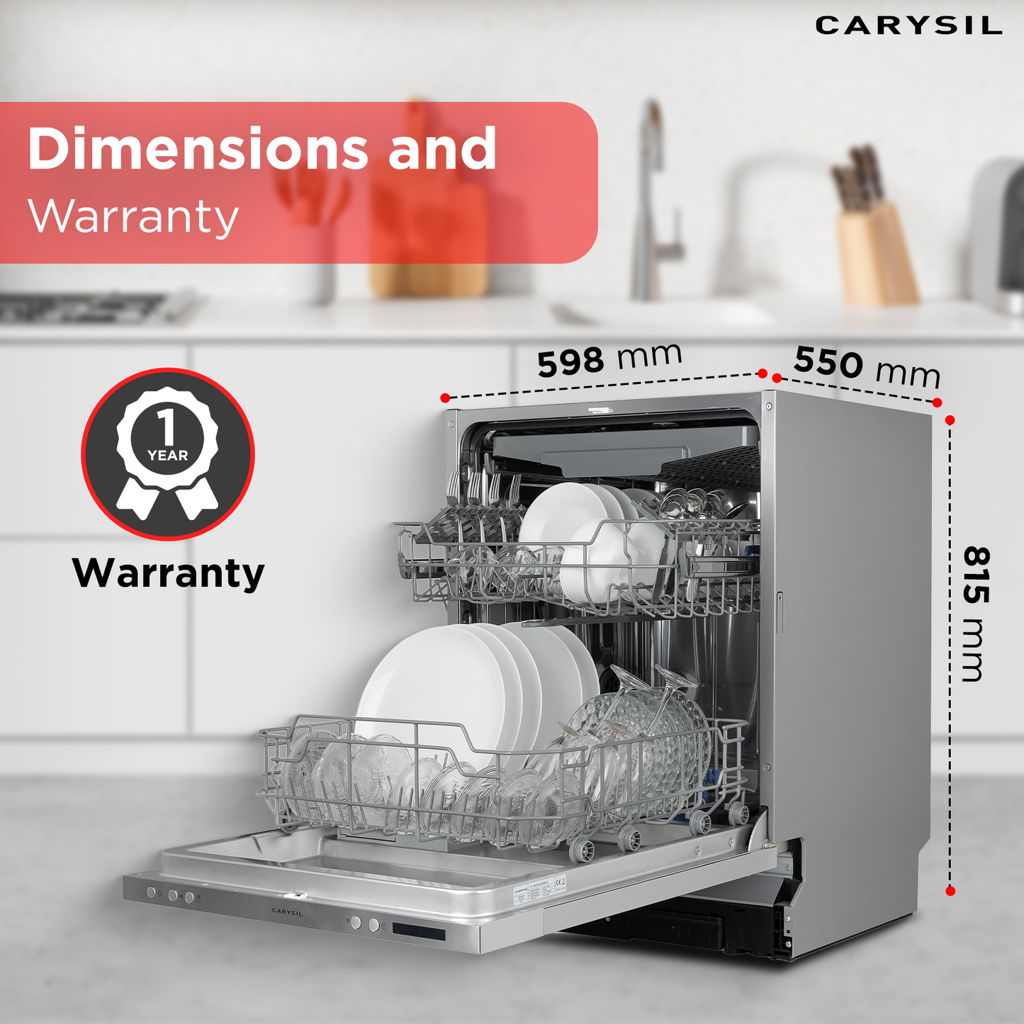 Carysil Fully Built-in Dishwasher DW-01, A++ Energy Class, 14 Place Setting, 7 Wash Programs, Touch Control Display, Water Consumption 10Ltr/cycle, 44 dBA Low Noise Operation, Detergent Automation Sensor, Stainless Steel