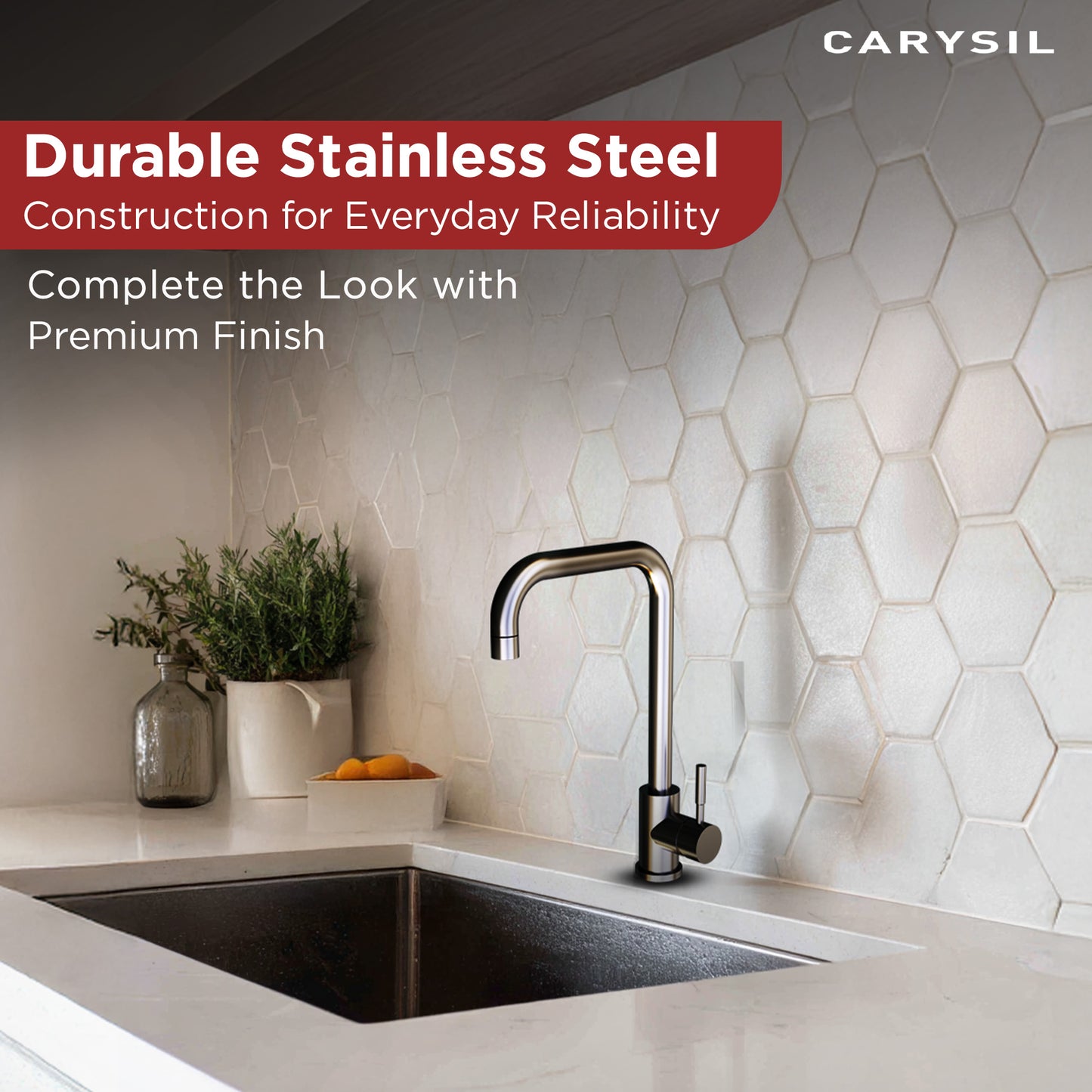 Carysil Alpha 2201 Modern Kitchen Faucet, High Arc with 360-Degree Swivel Spout, Single-Lever Handle for Hot/Cold Water, Chrome, 5-Year Warranty