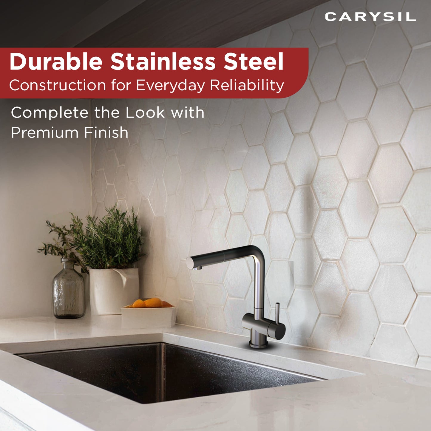 Carysil Alpha 2202 Modern Kitchen Faucet with Pull-Out Spray, High Arc with 360-Degree Swivel Spout, Single-Lever Handle for Hot/Cold Water, Chrome, 5-Year Warranty
