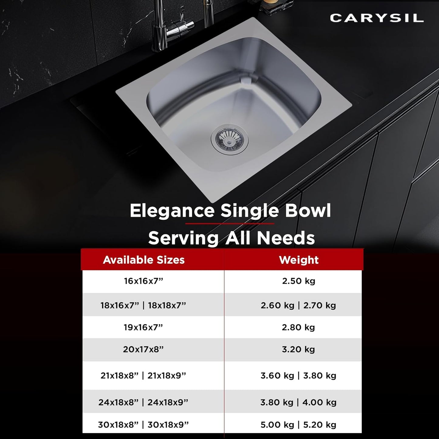 Carysil Elegance Series Single Bowl Kitchen Sink, Stainless Steel Kitchen Sink, 304 Stainless Steel Coupling, Noise Reduction Design, Deep Bowl with Sloping Drain, 20x17x8 inches, Glossy Finish