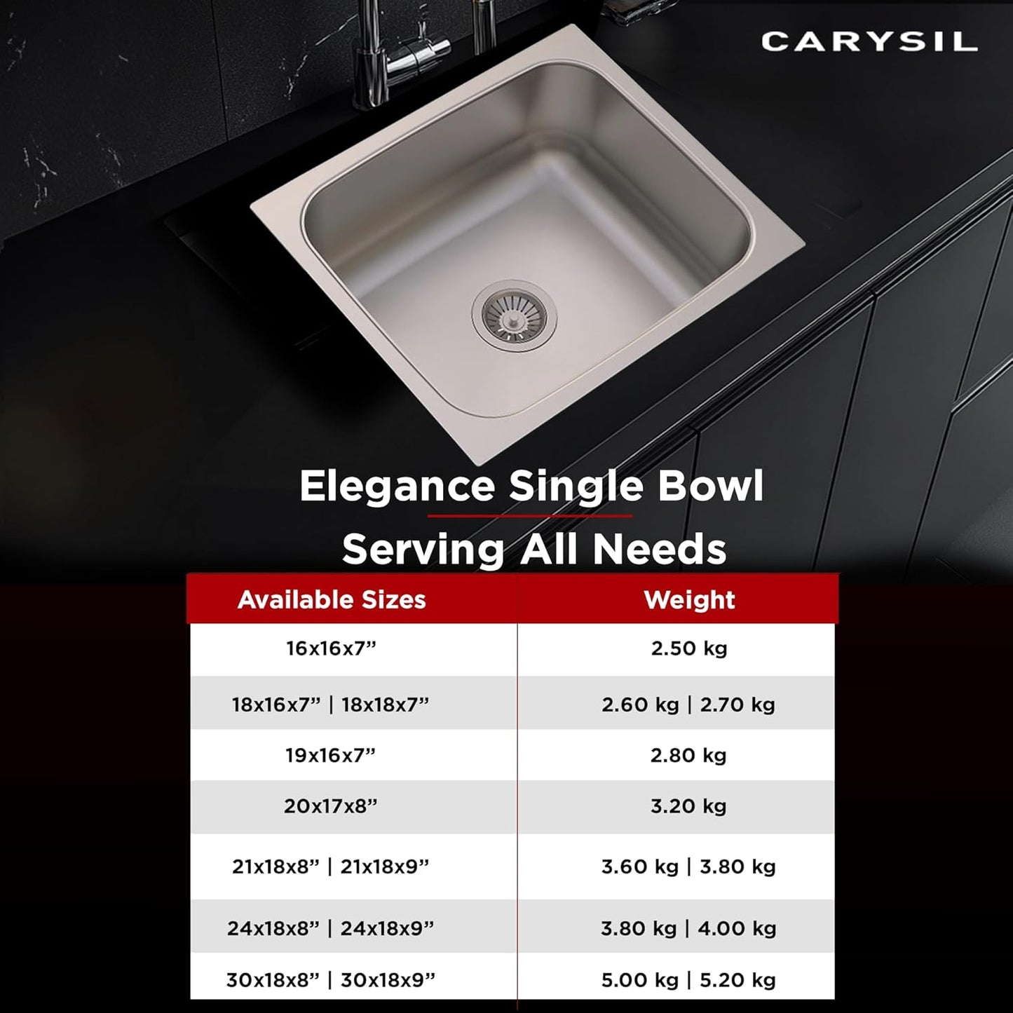 Carysil Elegance Series Single Bowl Kitchen Sink, Stainless Steel Kitchen Sink, 304 Stainless Steel Coupling, Noise Reduction Design, Deep Bowl with Sloping Drain, 20x17x8 inches, Matt Finish