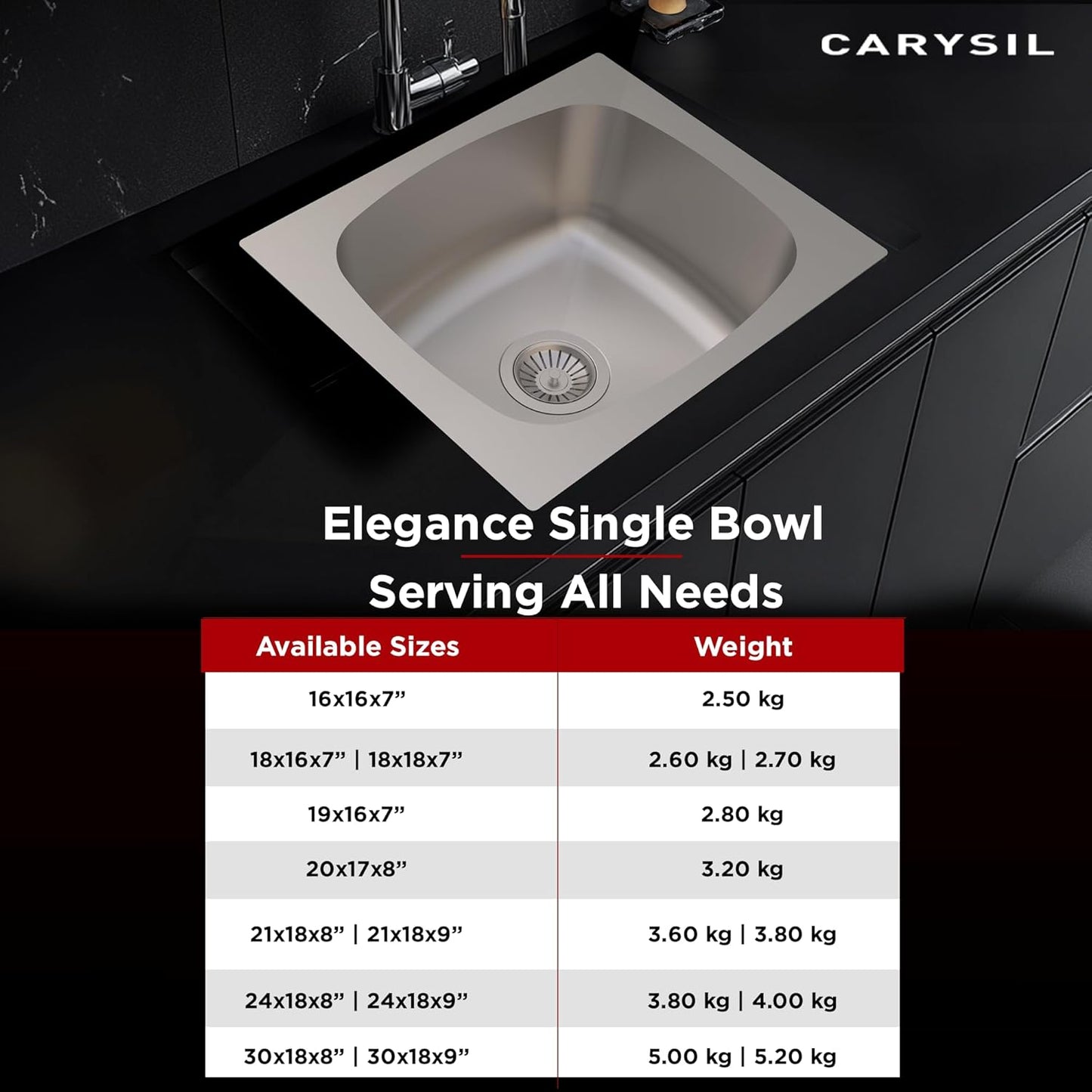 Carysil Elegance Series Single Bowl Kitchen Sink, Stainless Steel Kitchen Sink, 304 Stainless Steel Coupling, Noise Reduction Design, Deep Bowl with Sloping Drain, 19x16x7 inches, Matt Finish