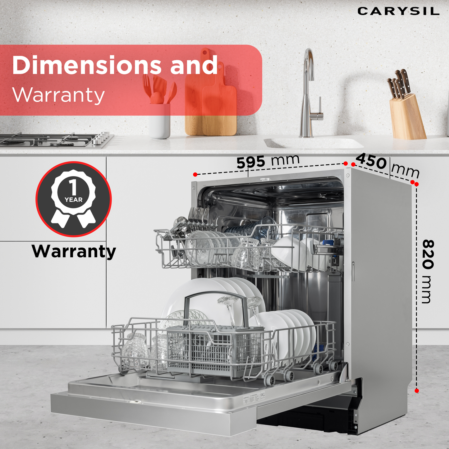 Carysil Semi Built-in Dishwasher DW-02, A++ Energy Class, 12 Place Setting, 6 Wash Programs, Touch Control Display, Water Consumption 11Ltr/cycle, 49 dB Low Noise Operation, Detergent Automation Sensor, Stainless Steel