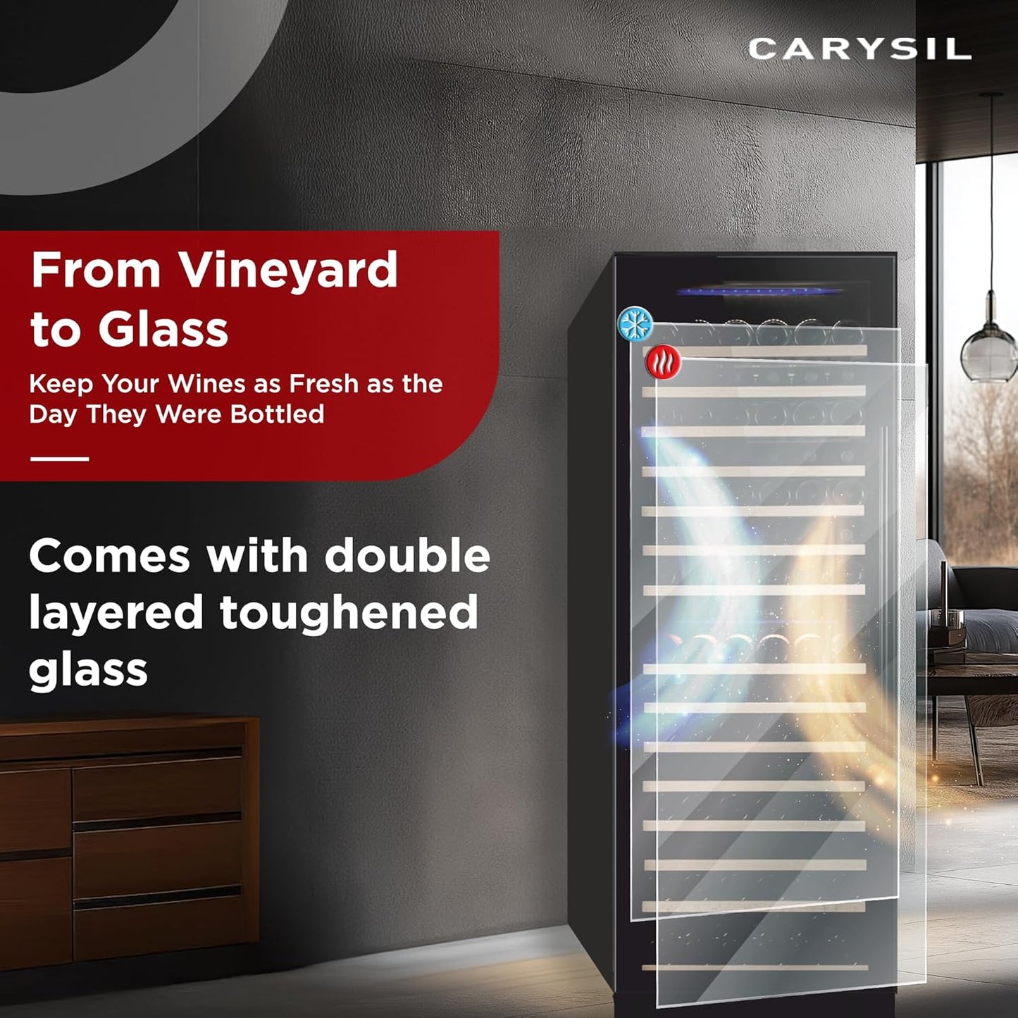 Carysil 165-Bottle Wine Chiller, Free Standing, Dual Cooling Zone (5°C-12°C White Wine & 12°C-20°C Red Wine), Adjustable Wooden Shelves with Toughened Glass Door, LED Display