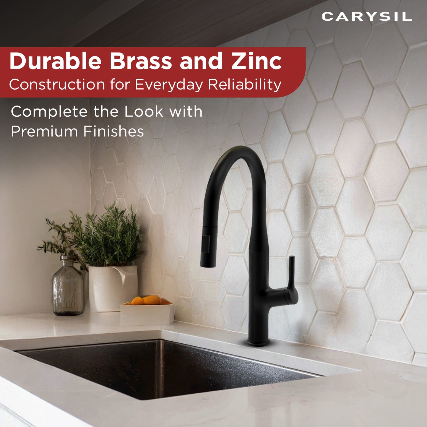 Carysil Alpha 1512 Modern Kitchen Faucet with Pull-Out Spray, High Arc with 360-Degree Swivel, Single-Lever Handle for Hot/Cold Water, Matt Black Finish, 5-Year Warranty