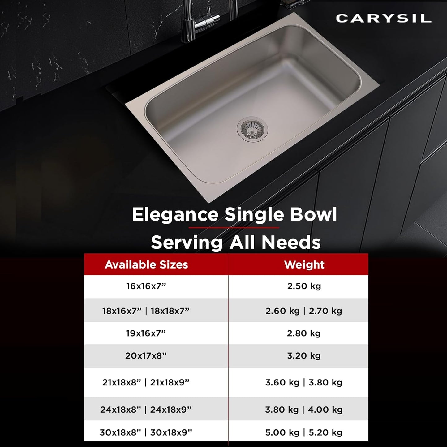 Carysil Elegance Series Single Bowl Kitchen Sink, Stainless Steel Kitchen Sink, 304 Stainless Steel Coupling, Noise Reduction Design, Deep Bowl with Sloping Drain, 30x18x8 inches, Matt Finish