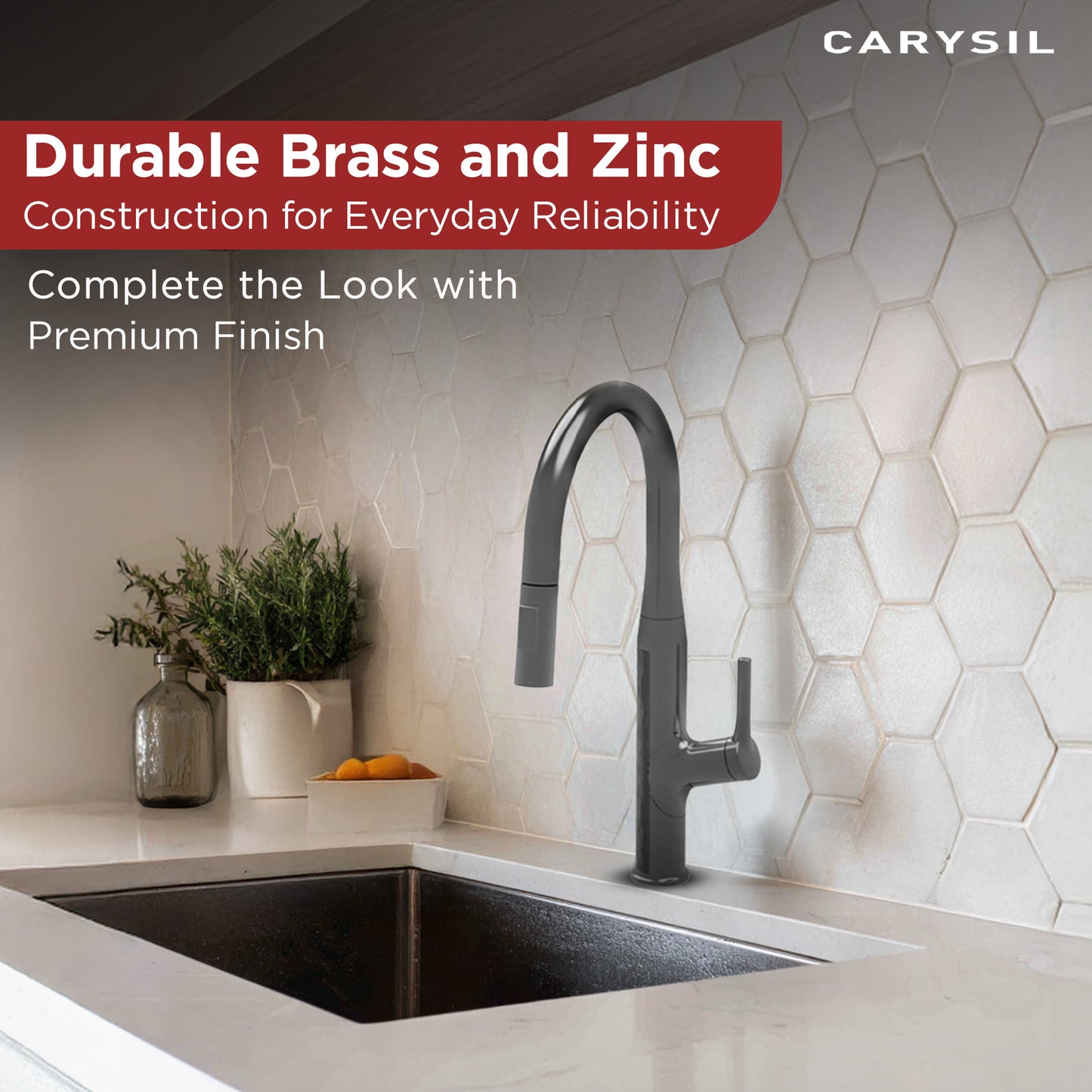 Carysil Alpha 1512 Modern Kitchen Faucet with Pull-Out Spray, High Arc with 360-Degree Swivel, Single-Lever Handle for Hot/Cold Water, Chrome Finish, 5-Year Warranty