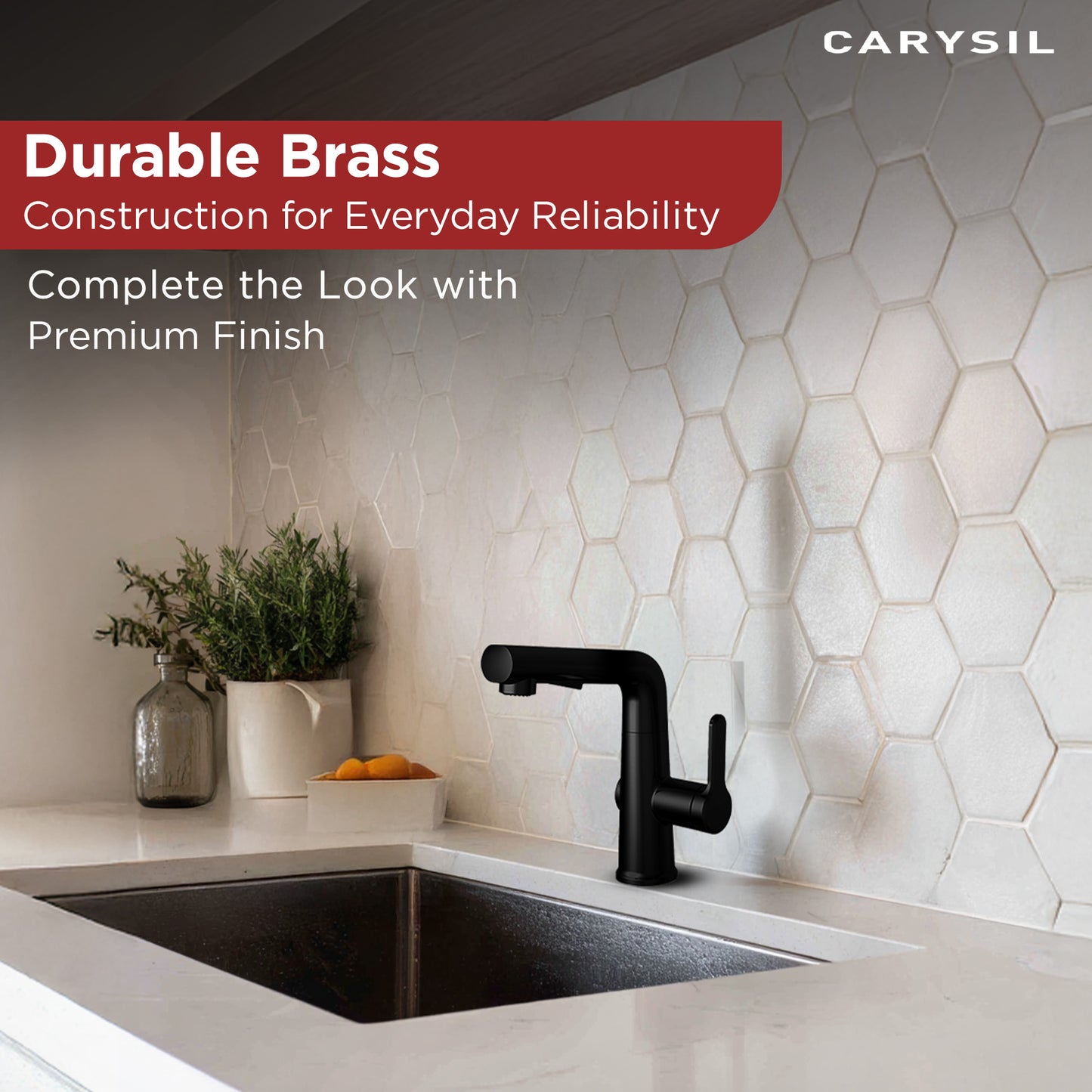 Carysil Alpha 03 Modern Kitchen Faucet with Pull-Out Spray, High Arc with 360-Degree Swivel, Single-Lever Handle for Hot/Cold Water, Matt Black Finish, 5-Year Warranty